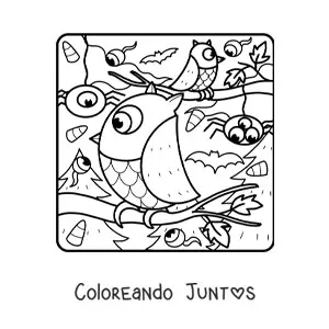 Imagen para colorear de búho con arañas de terror