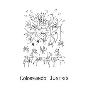 Imagen para colorear de árbol con arañas de terror