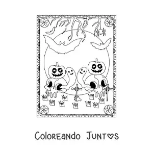 Imagen para colorear de calabazas de Halloween aterradoras con calaveras y fantasmas