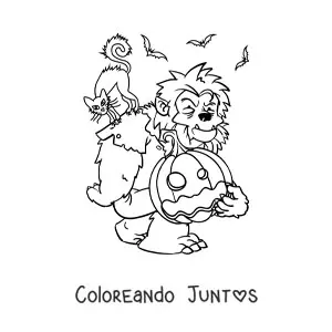 Imagen para colorear de hombre lobo con calabaza de Halloween