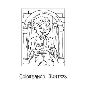 Imagen para colorear de hombre lobo animado con dulces de Halloween