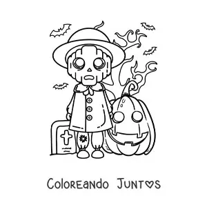Imagen para colorear de monstruo de Halloween aterrador con calabaza y murciélagos