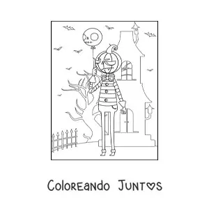 Imagen para colorear de monstruo de Halloween sosteniendo un globo frente a una mansión embrujada