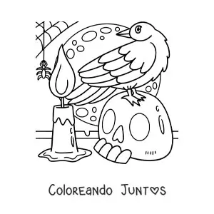 Imagen para colorear de araña de Halloween con cuervo y una calavera