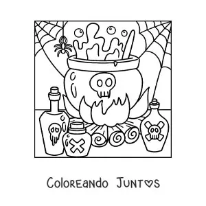 Imagen para colorear de araña con caldero de Halloween