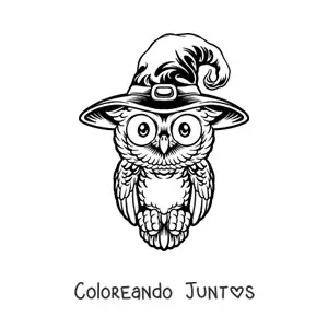 Imagen para colorear de búho realista de Halloween con sombrero de bruja