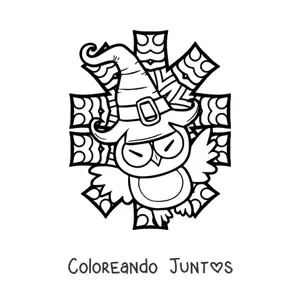Imagen para colorear de caricatura de búho de Halloween con sombrero de bruja