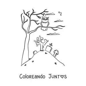 Imagen para colorear de búho de Halloween en un árbol en el cementerio
