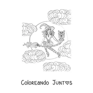 Imagen para colorear de bruja bonita volando en su escoba con búho en Halloween