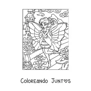 Imagen para colorear de hada hermosa en jardín con flores