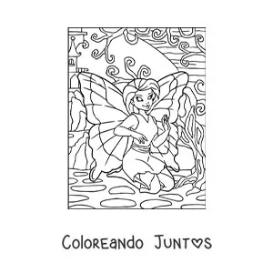 Imagen para colorear de bella hada mariposa sentada en el jardín