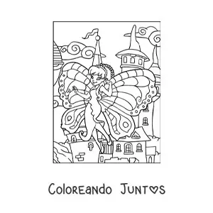 Imagen para colorear de hermosa hada mariposa volando en el castillo