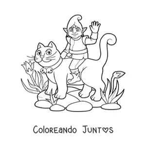 Imagen para colorear de duende mágico sentado sobre un gato