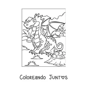 Imagen para colorear de dragón animado sentado junto a sus huevos