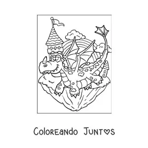 Imagen para colorear de dragón animado volando junto al castillo