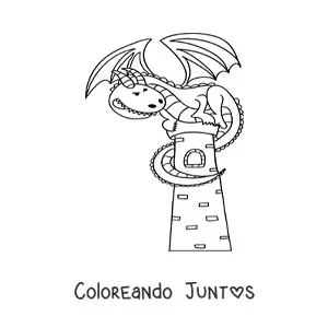 Imagen para colorear de dragón animado en una torre