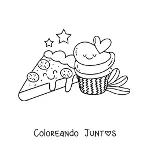 Imagen para colorear de una rebanada de pizza junto a un cupcake kawaii
