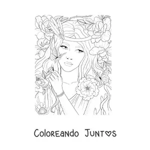 Imagen para colorear de elfo aesthetic con flores y mariposas