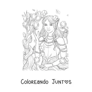 Imagen para colorear de elfo mitológico con flores