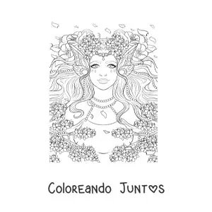 Imagen para colorear de mujer elfo realista con flores