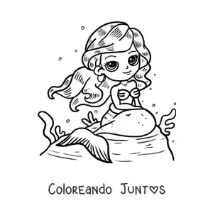 Imagen para colorear de sirena kawaii sentada en una roca