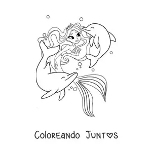 Imagen para colorear de princesa sirena bonita con delfines