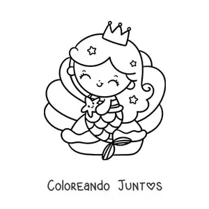 Imagen para colorear de princesa sirena kawaii sentada en una concha marina