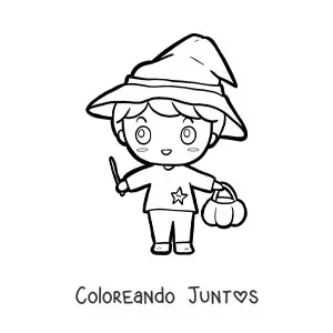Imagen para colorear de niño kawaii disfrazado de hechicero en Halloween
