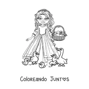 Imagen para colorear de princesa animada con cesta de frutas alimentando patos