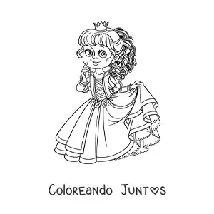 Imagen para colorear de princesa kawaii sujetando su vestido