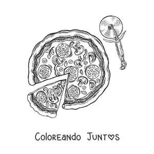 Imagen para colorear de una pizza junto a un cortador de rebanadas