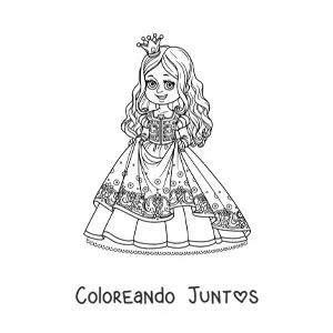 Imagen para colorear de princesa kawaii sujetando su hermoso vestido