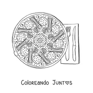 Imagen para colorear de una pizza servida junto a un par de cubiertos
