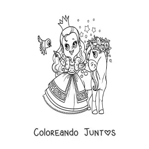 Imagen para colorear de princesa kawaii con unicornio y ave