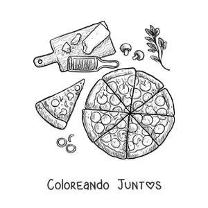 Imagen para colorear de una pizza junto a sus ingredientes