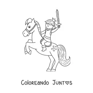 Imagen para colorear de príncipe kawaii en caballo con espada