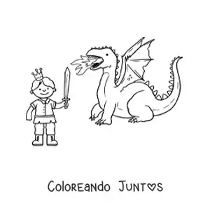 Imagen para colorear de príncipe con espada derrotando a un dragón