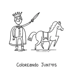 Imagen para colorear de gracioso príncipe medieval animado y su corcel