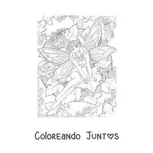Imagen para colorear de hada realista con flores sentada en el bosque encantado
