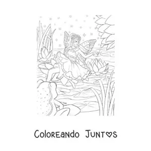 Imagen para colorear de hermosa hada del agua en un lago en el bosque encantado