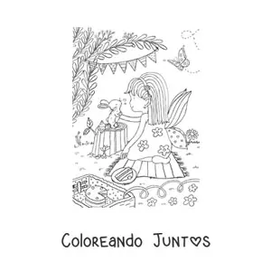 Imagen para colorear de niña hada de picnic con un conejo en jardín mágico