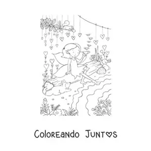 Imagen para colorear de niña hada con animales en el bosque encantado