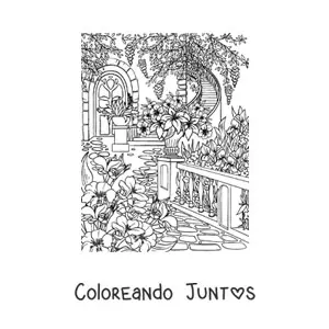 Imagen para colorear de jardín secreto con flores y escaleras