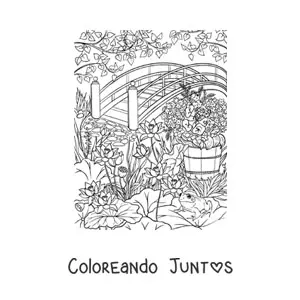 Imagen para colorear de jardín secreto con flores y un puente
