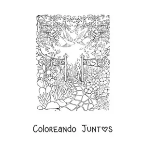 Imagen para colorear de jardín secreto con flores y aves