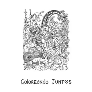 Imagen para colorear de bicicleta en un jardín secreto con flores y aves