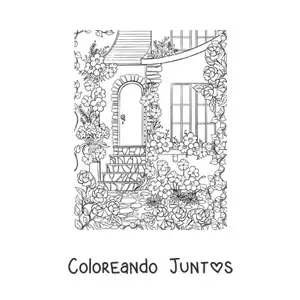 Imagen para colorear de casa con jardín secreto con flores