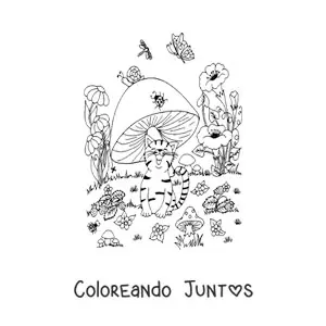 Imagen para colorear de gato animado con hongo y mariposa en jardín mágico