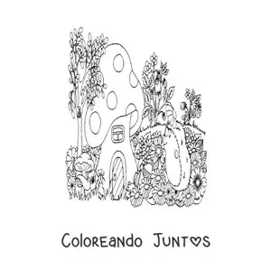 Imagen para colorear de tierno puercoespín junto a casa del bosque mágico