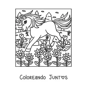 Imagen para colorear de unicornio trotando en jardín mágico